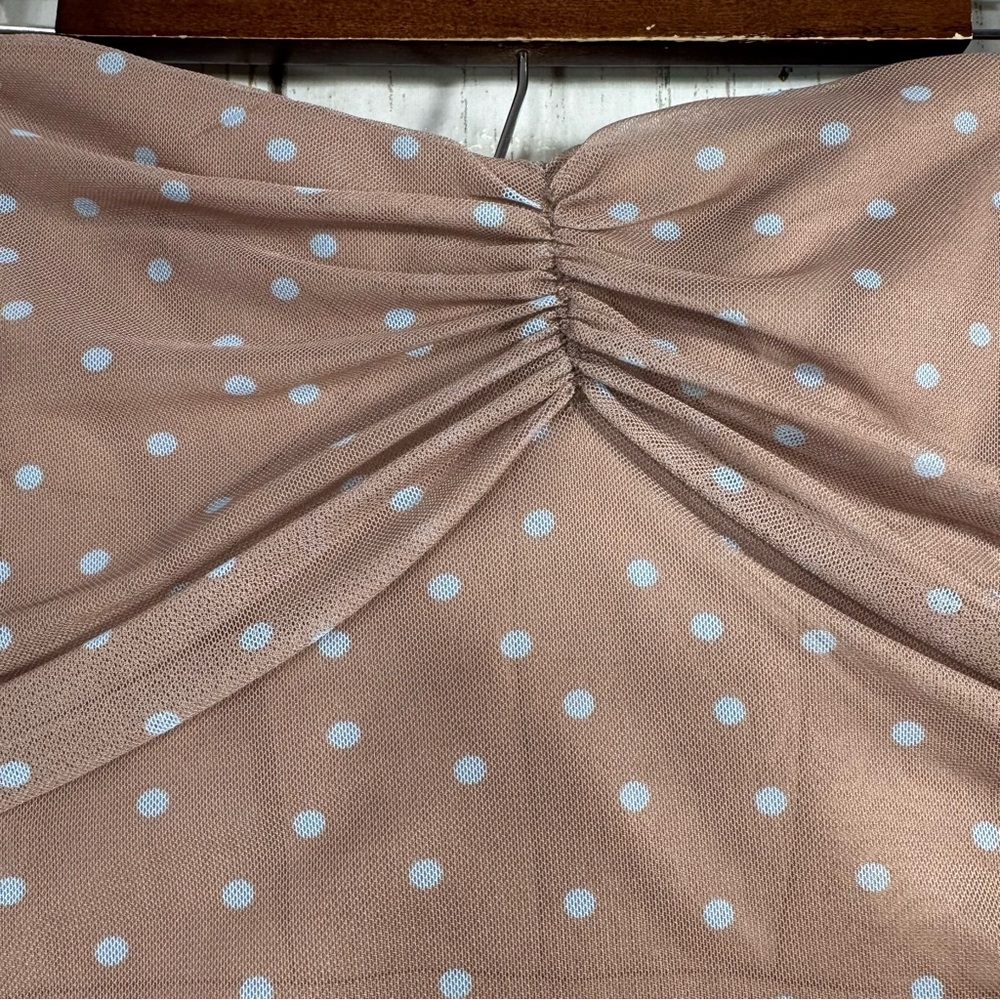 Zara Strapless Polka Dot Midi Dress Nude Beige Ruched Bodycon XL Neutral Classy - Picture 6 of 15